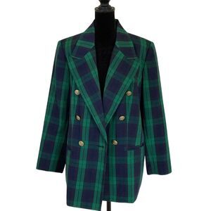 JG HOOK Womens Double Breasted Plaid Blazer Size 14WP Green Blue Classic‎